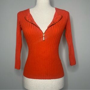 90s Orange ribbed 3/4 sleeve top with zipper size Medium